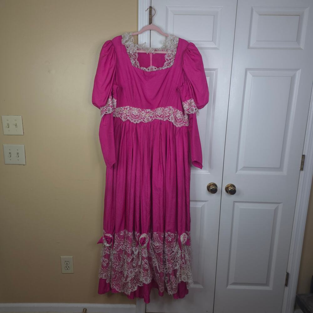 1970s Vintage Inspired Prairie Victorian Lace Ruffle Tiered Gown Pink Size 3X